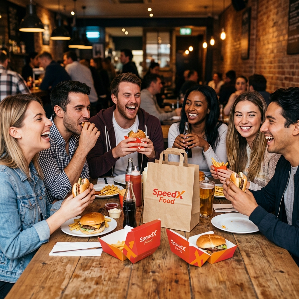 Happy friends eating SpeedX Food with branded packaging